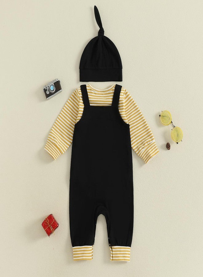 DNOMAID YZARC Baby Boy New Year Outfit Stripe Long Sleeve Romper Letter Embroidery Overalls Pants Hat Set Infant Fall Clothes (Black, 3-6 Months) - Image 5