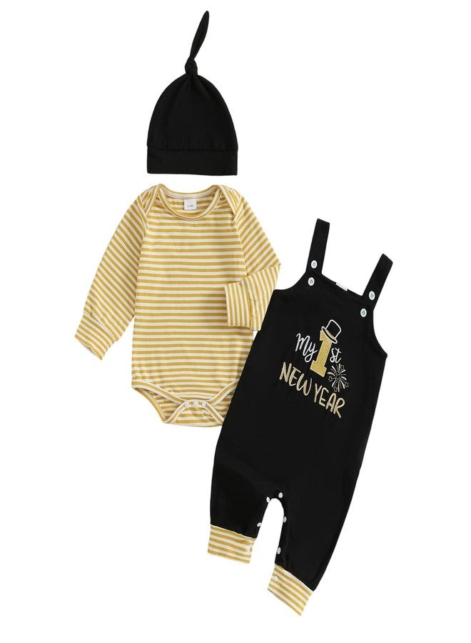 DNOMAID YZARC Baby Boy New Year Outfit Stripe Long Sleeve Romper Letter Embroidery Overalls Pants Hat Set Infant Fall Clothes (Black, 3-6 Months) - Image 1