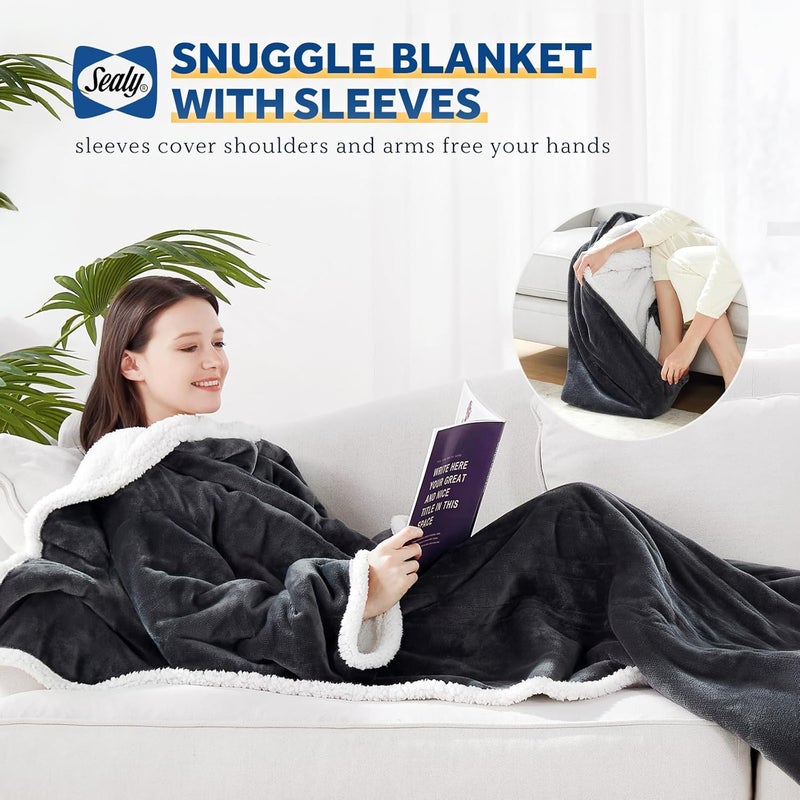 Sealy Electric Blanket Wearable with Foot Pocket, Electric Snuggle Blanket with Sleeves, Flannel & Sherpa Heating Throw with 6 Heat Settings & 2-10 Hours Auto Shut Off, 50 * 70"+18", Dark Grey - Image 2