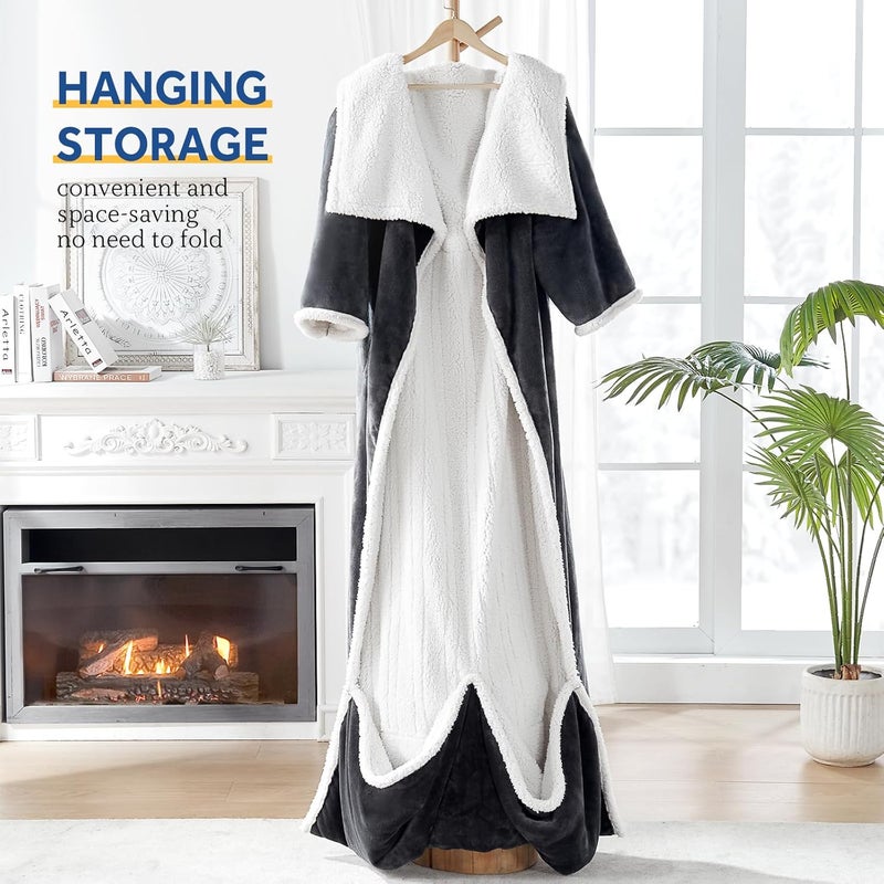 Sealy Electric Blanket Wearable with Foot Pocket, Electric Snuggle Blanket with Sleeves, Flannel & Sherpa Heating Throw with 6 Heat Settings & 2-10 Hours Auto Shut Off, 50 * 70"+18", Dark Grey - Image 4