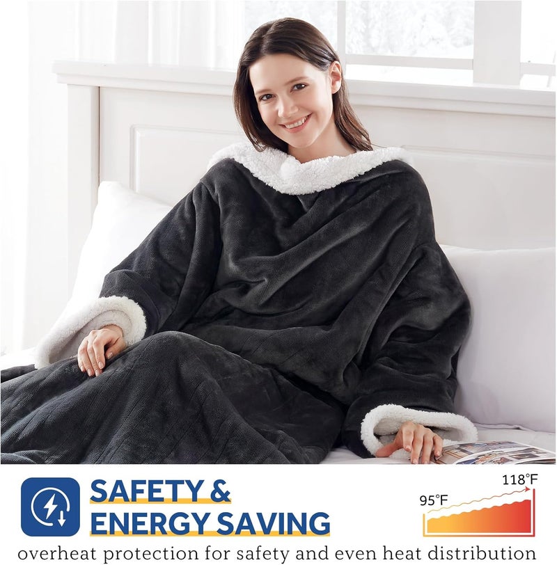 Sealy Electric Blanket Wearable with Foot Pocket, Electric Snuggle Blanket with Sleeves, Flannel & Sherpa Heating Throw with 6 Heat Settings & 2-10 Hours Auto Shut Off, 50 * 70"+18", Dark Grey - Image 5
