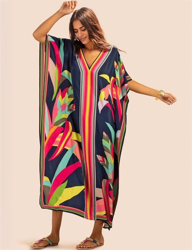Bsubseach Women Plus Size Kaftan Dress Swimsuit Cover Up Caftan Maxi Beach Dresses Cover Ups Dark Navy - Image 2
