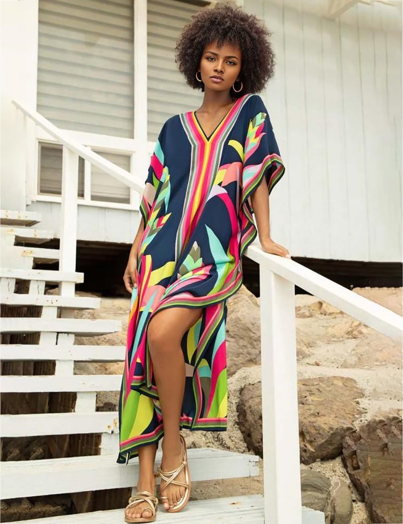 Bsubseach Women Plus Size Kaftan Dress Swimsuit Cover Up Caftan Maxi Beach Dresses Cover Ups Dark Navy - Image 4