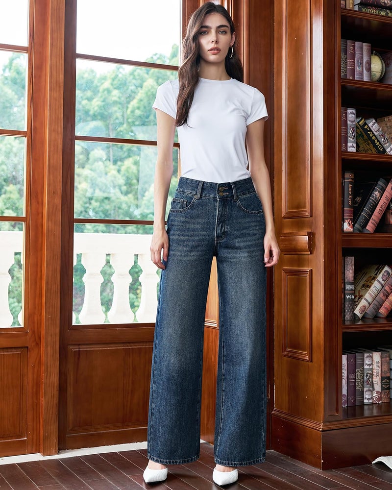 UPNET Womenâ€™s High Waisted Baggy Jeans â€“ Stretchy Wide Leg Tummy Control Straight Leg Denim Pants Trendy Jeans for Women 2025 (US, Numeric, 14, Regular, Regular, Dark Blue) - Image 4