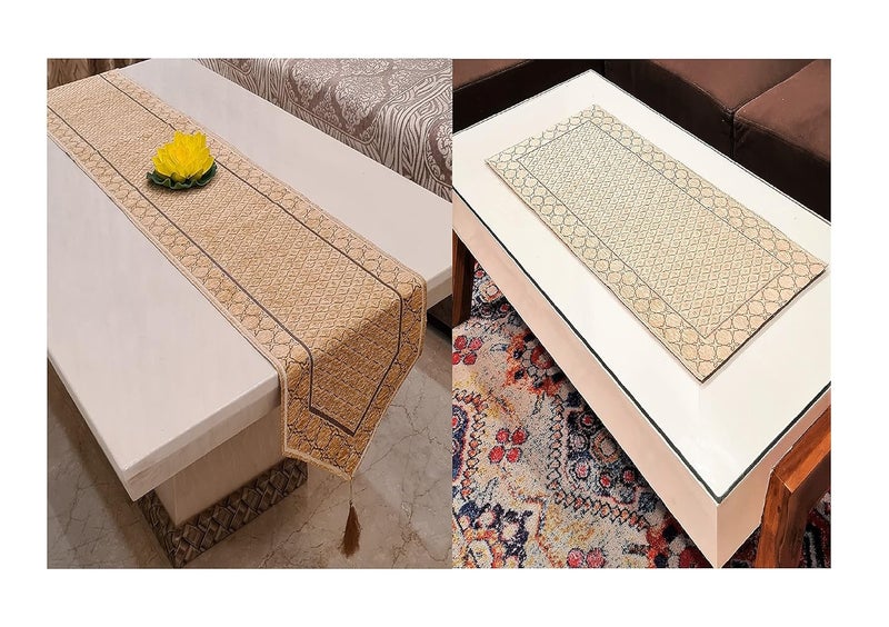 Groki 2 Pcs Cotton Heat Resistant NonSlip Table Runner for Dining and Centre Table Combo Pack Size 16x33In Cream - Image 1