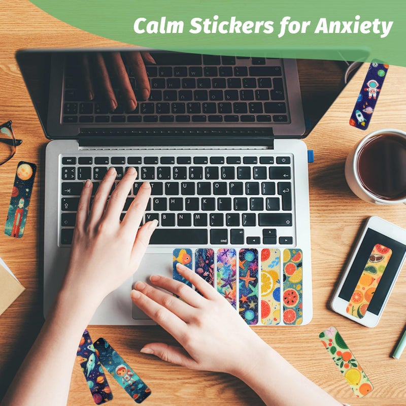 TOEMUR 72 Pieces Anxiety Sensory Stickers With Storage Box - Calming Stickers 2 Textured Surface - Fidget Strips For Office & Classroom Desk Adult & Teen Stress (Cartoon) - Image 4