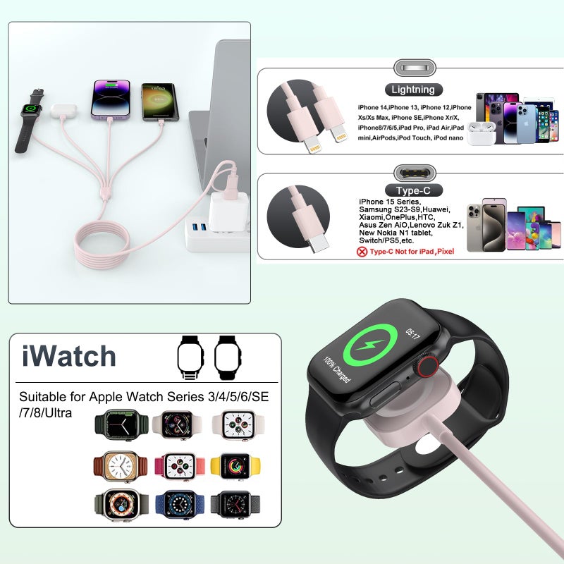 MTAKYI 4 in 2 iWatch Charger Cable for Watch and iPhone, 6FT/1.8M Charging Cable iPhone and Watch Charger Combo, Multi iWatch Charger Cord, Travel iPhone and iWatch Charger for Apple Watch/iPhone/AirPods - Image 4