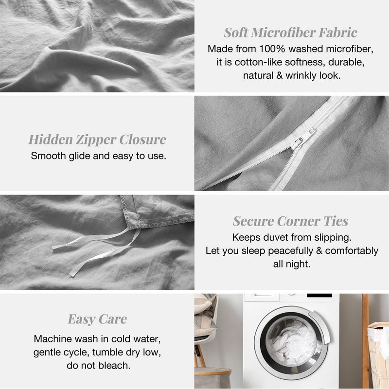 MILDLY Super Soft Duvet Cover - 100% Washed Microfiber Light Grey Comforter Cover Set 3 Pieces with Zipper Closure & Corner Ties (No Comforter) - Image 5