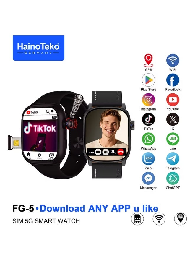 Haino Teko HainoTeko FG-5 5G Smartwatch with SIM, GPS, WiFi, App Download, Video Call, Social Media Support – Black - Image 3