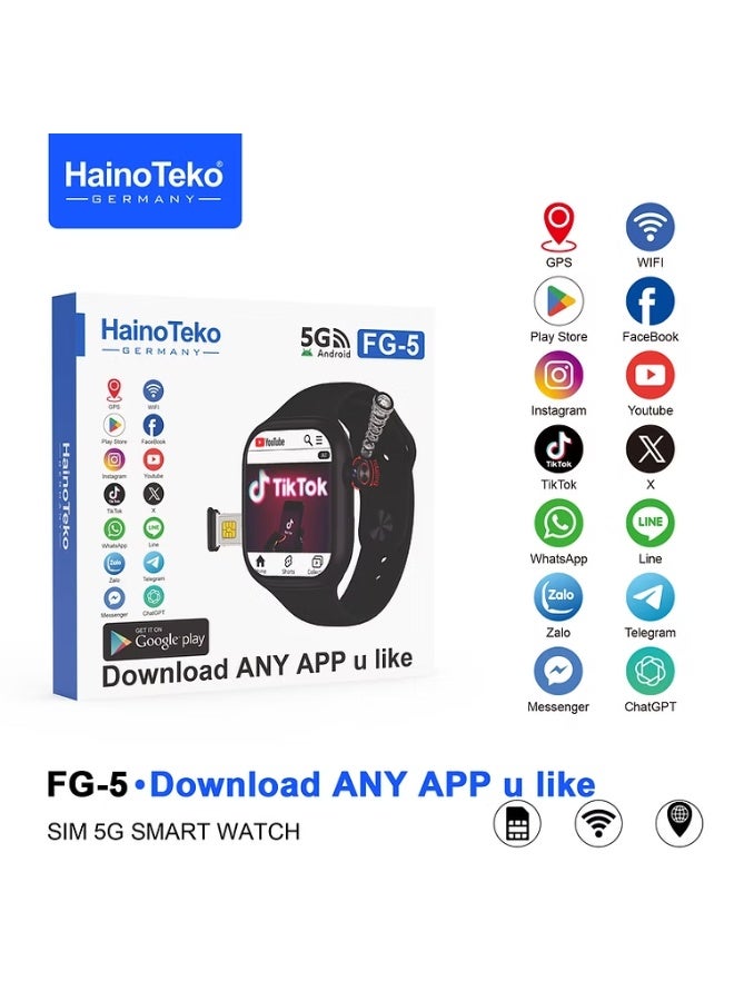 Haino Teko HainoTeko FG-5 5G Smartwatch with SIM, GPS, WiFi, App Download, Video Call, Social Media Support – Black - Image 1