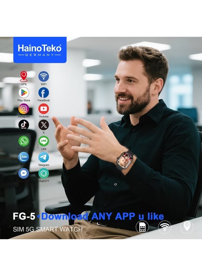 Haino Teko HainoTeko FG-5 5G Smartwatch with SIM, GPS, WiFi, App Download, Video Call, Social Media Support – Black - Image 2