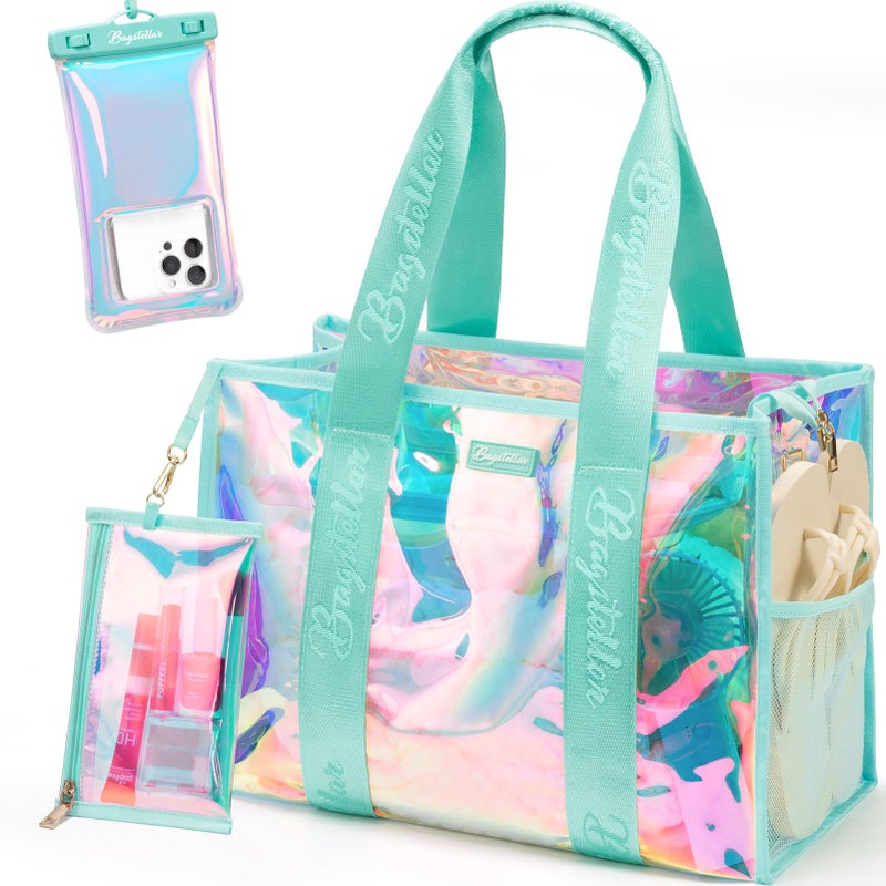Bagstellar Beach Bags for Women, 3 PCS Large Iridescent Clear Beach Tote Bag with Zipper, Makeup Bag & Waterproof Phone Pouch Case, Sandproof Crossbody Swim Pool Bag Summer Vacation Travel Essentials - Image 1