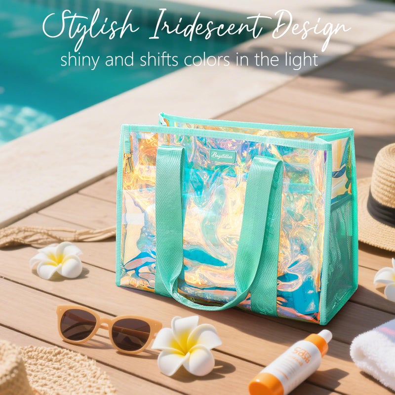 Bagstellar Beach Bags for Women, 3 PCS Large Iridescent Clear Beach Tote Bag with Zipper, Makeup Bag & Waterproof Phone Pouch Case, Sandproof Crossbody Swim Pool Bag Summer Vacation Travel Essentials - Image 5