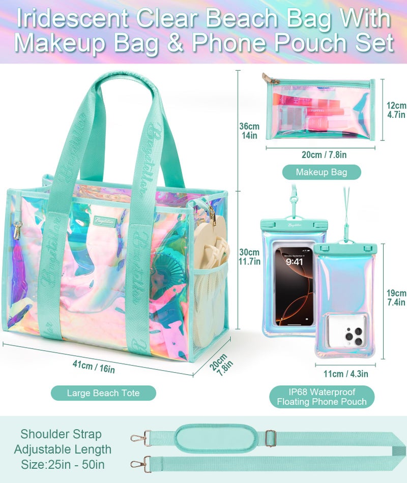 Bagstellar Beach Bags for Women, 3 PCS Large Iridescent Clear Beach Tote Bag with Zipper, Makeup Bag & Waterproof Phone Pouch Case, Sandproof Crossbody Swim Pool Bag Summer Vacation Travel Essentials - Image 4