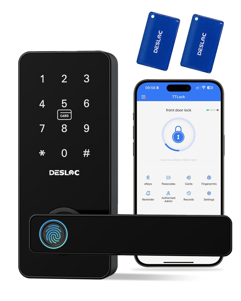 DESLOC B200L قفل ذكي لبصمة الإصبع مع مقبض دخول بدون مفتاح، أقفال باب للتحكم في التطبيق، لوحة مفاتيح تعمل باللمس، 100 رمز PIN، قفل تلقائي، بطارية لمدة 12 شهرًا، منفذ طاقة الطوارئ IP54 (أسود) - Image 1