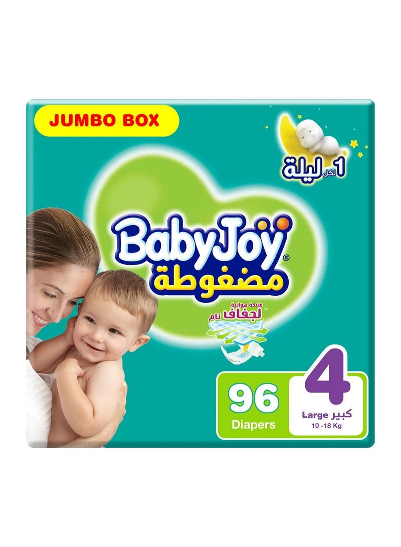 BabyJoy Compressed Diamond Pad Tape Style Diapers, 96 Pieces Jumbo Box, Size 4 Large, 10-18kg - 12Hrs Leakage Protection, Cottony Soft, Waist Stretch, Breathable