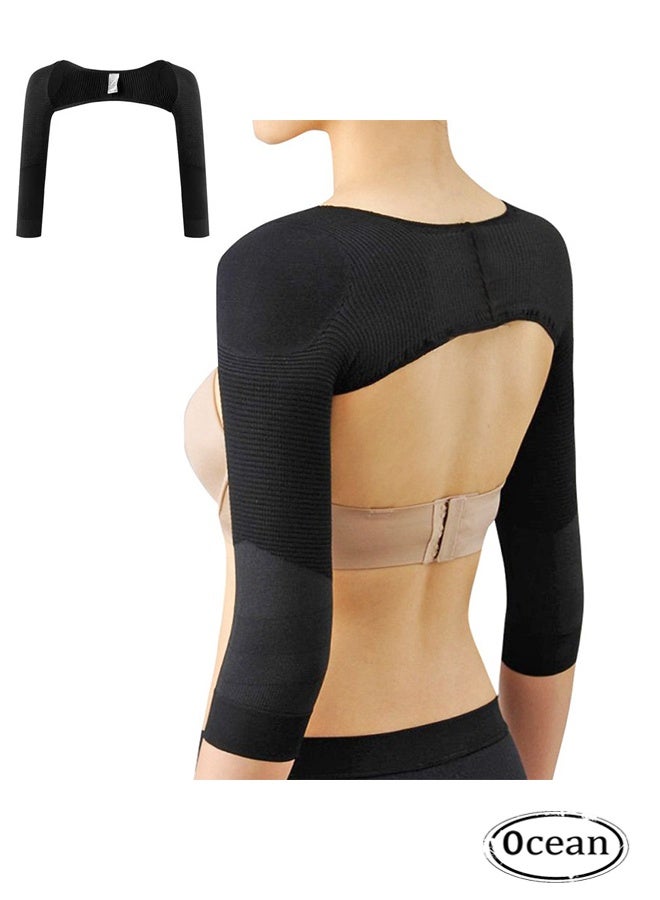 Women's Slimming Arm Shapers, Back Shoulder Support Wrap Correct Posture Corrector Humpback, Women Elastic Compression Arm Shaper Back Shoulder, Black (L) - Image 1