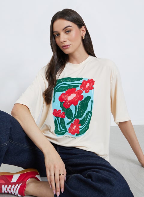 Take Two Beige Floral Graphic Oversized T-Shirt