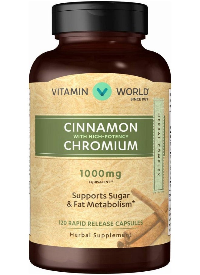VITAMIN WORLD Cinnamon 1000 Mg. Complex 120 Capsules Chromium Highpotency Metabolism Gluten Free  - Image 1