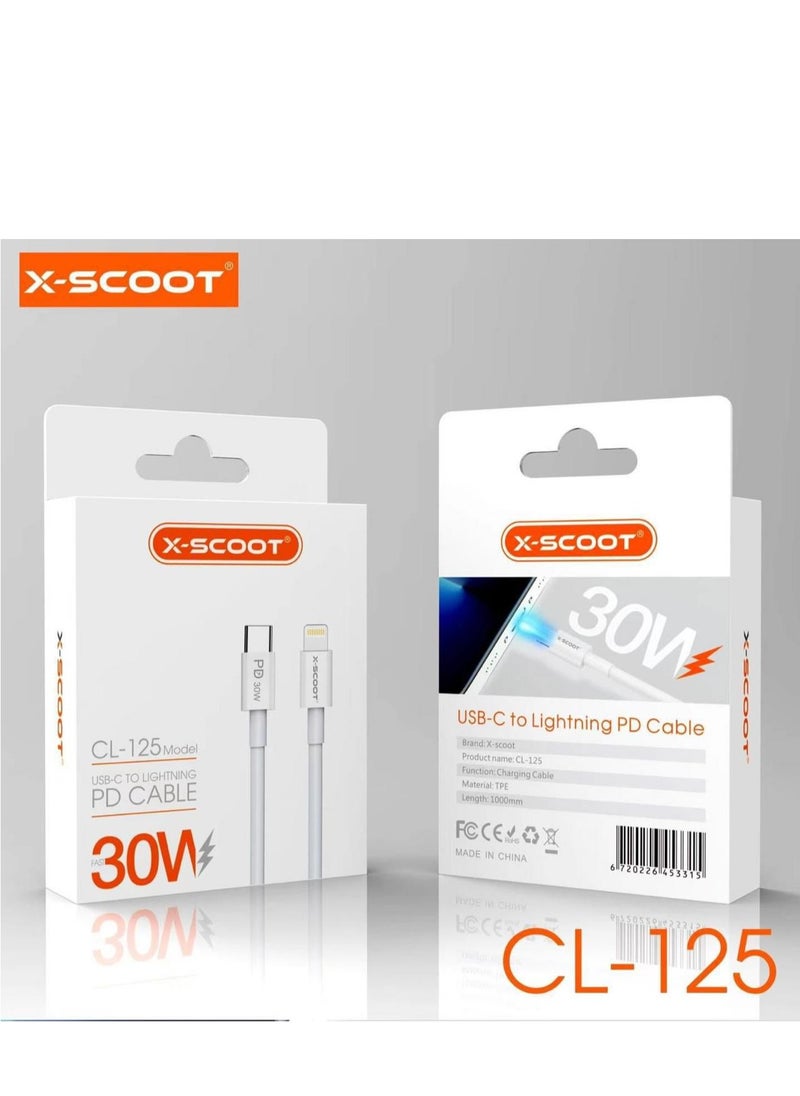 أكس-سكوت - X-Scoot CL-125-PD كابل من النوع C إلى Lightning 30 وات شحن سريع 1 متر - أبيض - Image 1