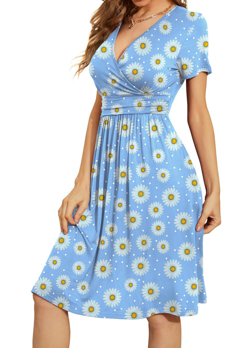 WEACZZY Summer Dresses for Women 2025 Slim Fit Spring Flowy Dress for Women Loose Pleated Dress,Floral Daisy Blue,L - Image 2