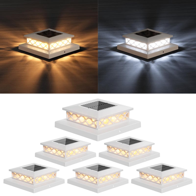 TopVelo 6 Packs Solar Post Cap Lights for Fence and Deck â€“ Auto On/Off Outdoor Lighting, 2 Color Modes with 16 LEDs, Fits 4x4 5x5 6x6 Posts (White) - Image 1