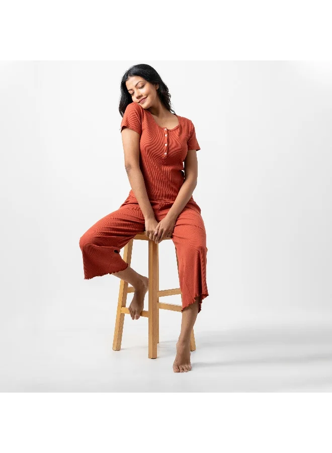 Aadaraya Aadaraya Ribbed Short Sleeves T-shirt and Wide Leg Pyjama Set