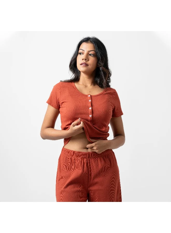 Aadaraya Aadaraya Ribbed Short Sleeves T-shirt and Wide Leg Pyjama Set
