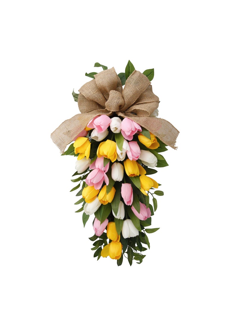 FLOROAD FLOROAD 26 Artificial Tulips Teardrop Swag with Burlap Bow Handmade Spring Easter Teardrop Wreath for Front Door  Porch Wall Spring Easter Decor Decorative Swag 