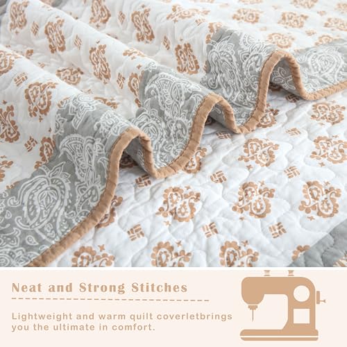 AJOCCI Terracotta Comforter Set, Paisley King Size Comforter Set,Cotton Quilt King Size, Orange Gray Quilt Set Bedding Set, Soft Striped Bedspread Set King All Season 3 Piece - Image 5