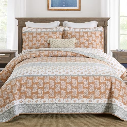 AJOCCI Terracotta Comforter Set, Paisley King Size Comforter Set,Cotton Quilt King Size, Orange Gray Quilt Set Bedding Set, Soft Striped Bedspread Set King All Season 3 Piece - Image 1