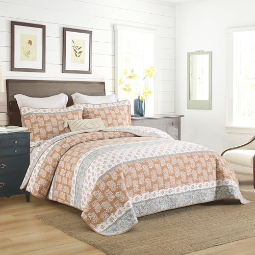 AJOCCI Terracotta Comforter Set, Paisley King Size Comforter Set,Cotton Quilt King Size, Orange Gray Quilt Set Bedding Set, Soft Striped Bedspread Set King All Season 3 Piece - Image 2