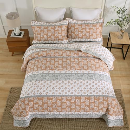 AJOCCI Terracotta Comforter Set, Paisley King Size Comforter Set,Cotton Quilt King Size, Orange Gray Quilt Set Bedding Set, Soft Striped Bedspread Set King All Season 3 Piece - Image 3