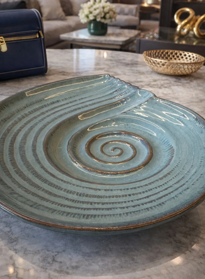 Tohfa Luxe Tohfa Luxe Shell Olive Handmade Ceramic Serving Platter – Coastal-Inspired Turquoise Design (27 × 20 × 5 cm)
