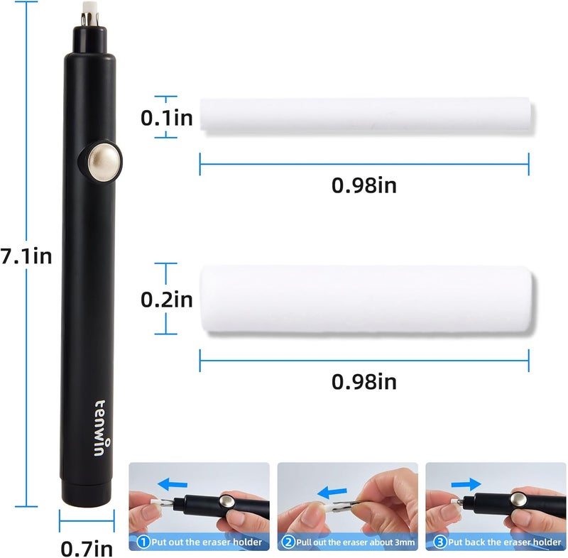 tenwin Battery Operated Pencil Eraser, Electric Eraser Kit with 2 Different Eraser Sizes, Ideal for Sketching, Drafting, Drawing (Black) - Image 3