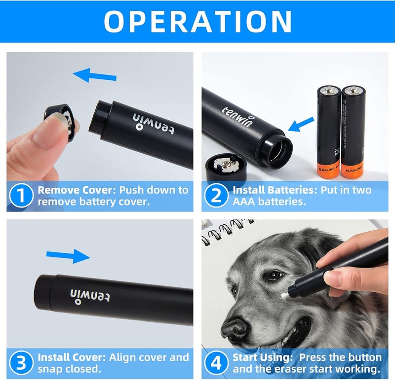 tenwin Battery Operated Pencil Eraser, Electric Eraser Kit with 2 Different Eraser Sizes, Ideal for Sketching, Drafting, Drawing (Black) - Image 4