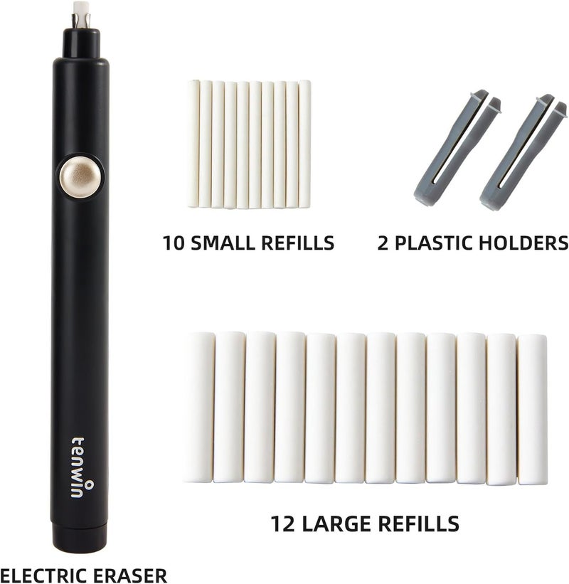tenwin Battery Operated Pencil Eraser, Electric Eraser Kit with 2 Different Eraser Sizes, Ideal for Sketching, Drafting, Drawing (Black) - Image 2