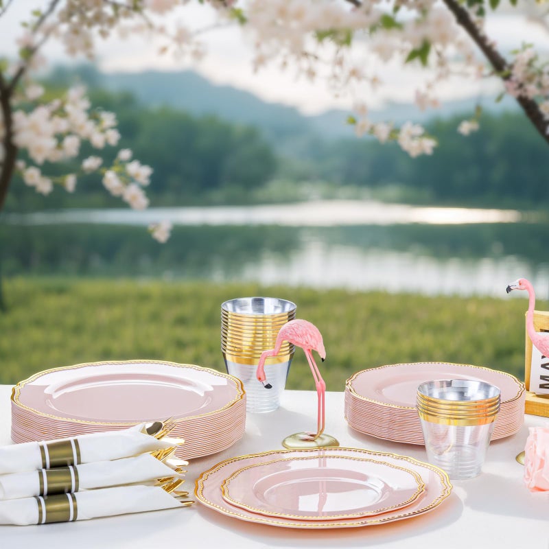Hioasis 175pcs Pink and Gold Plastic Plates - Pink Plastic Dinnerware Set Includes 25 Dinner Plates, 25 Dessert Dinnerware, 25 Cups, 25 Napkins Perfect for Wedding & Easter - Image 5