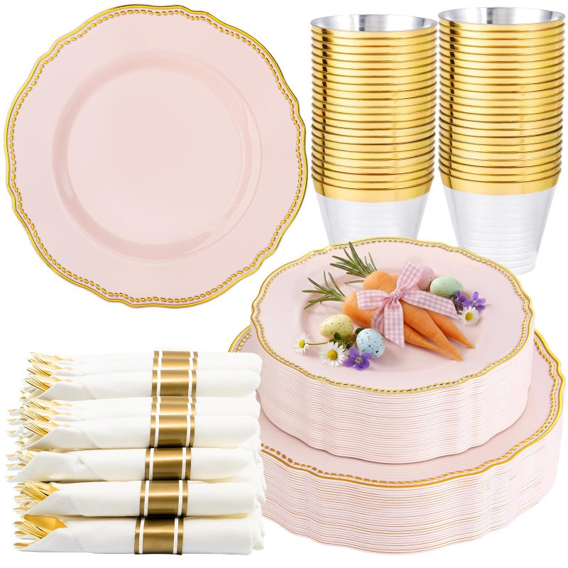 Hioasis 175pcs Pink and Gold Plastic Plates - Pink Plastic Dinnerware Set Includes 25 Dinner Plates, 25 Dessert Dinnerware, 25 Cups, 25 Napkins Perfect for Wedding & Easter - Image 1