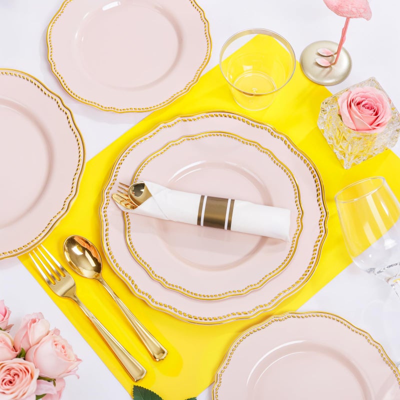Hioasis 175pcs Pink and Gold Plastic Plates - Pink Plastic Dinnerware Set Includes 25 Dinner Plates, 25 Dessert Dinnerware, 25 Cups, 25 Napkins Perfect for Wedding & Easter - Image 2
