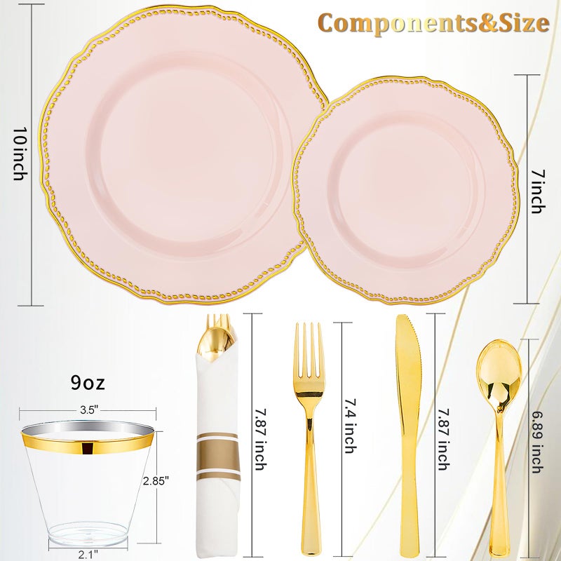 Hioasis 175pcs Pink and Gold Plastic Plates - Pink Plastic Dinnerware Set Includes 25 Dinner Plates, 25 Dessert Dinnerware, 25 Cups, 25 Napkins Perfect for Wedding & Easter - Image 3