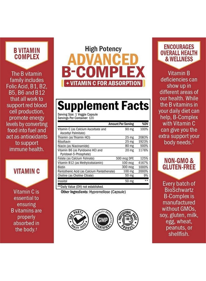 BioSchwartz مجمع فيتامين ب مع فيتامين ج لامتصاص أقصى - ميثيلكوبالامين ب12 وحمض الفوليك - ب1 ب2 ب3 ب5 ب6 ب7 ب9 لدعم المناعة والطاقة والجهاز العصبي - غير معدل وراثيًا، 120 حبة - Image 3