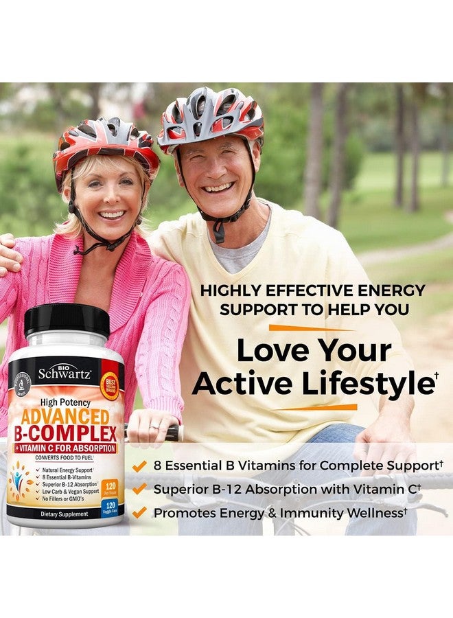 BioSchwartz مجمع فيتامين ب مع فيتامين ج لامتصاص أقصى - ميثيلكوبالامين ب12 وحمض الفوليك - ب1 ب2 ب3 ب5 ب6 ب7 ب9 لدعم المناعة والطاقة والجهاز العصبي - غير معدل وراثيًا، 120 حبة - Image 2