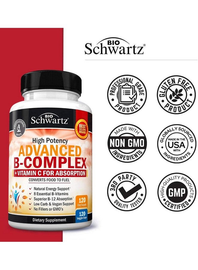 BioSchwartz مجمع فيتامين ب مع فيتامين ج لامتصاص أقصى - ميثيلكوبالامين ب12 وحمض الفوليك - ب1 ب2 ب3 ب5 ب6 ب7 ب9 لدعم المناعة والطاقة والجهاز العصبي - غير معدل وراثيًا، 120 حبة - Image 5