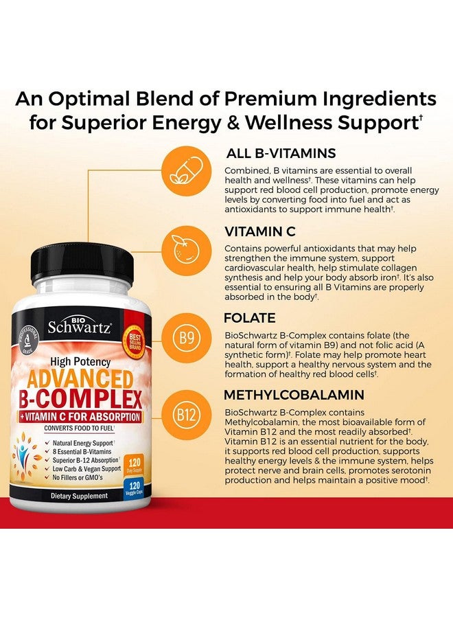 BioSchwartz مجمع فيتامين ب مع فيتامين ج لامتصاص أقصى - ميثيلكوبالامين ب12 وحمض الفوليك - ب1 ب2 ب3 ب5 ب6 ب7 ب9 لدعم المناعة والطاقة والجهاز العصبي - غير معدل وراثيًا، 120 حبة - Image 4