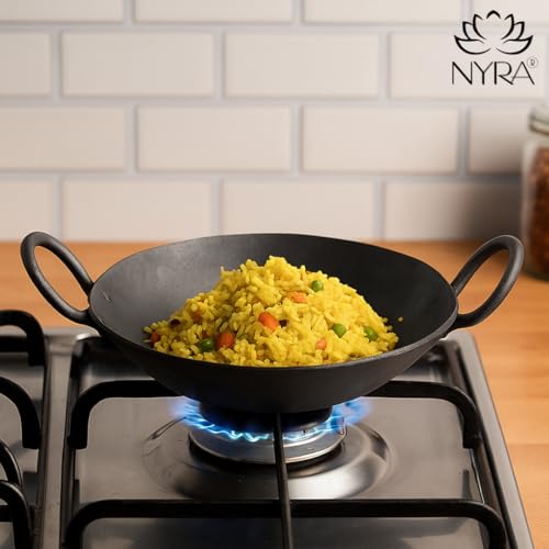 NYRA® Natural Traditional Black Iron Kadhai for Cooking Handmade Heavy Base Loha Kadai Lokhand/Lokhandi with Handle (Large - 2 LTR) - Image 2