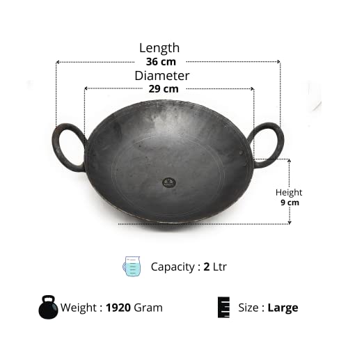 NYRA® Natural Traditional Black Iron Kadhai for Cooking Handmade Heavy Base Loha Kadai Lokhand/Lokhandi with Handle (Large - 2 LTR) - Image 4