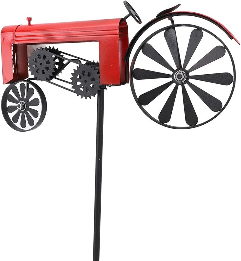 عجلة الرياح الدوارة ذات الجرار الأحمر العتيق، زينة معدنية للحديقة مع وتد أرضي - Image 4