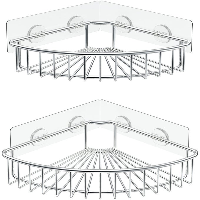2PACK CORNER SHOWER CADDY SUS304 STAINLESS STEEL WALL MOUNTED BATHROOM SHELF WITH ADHESIVE STORAGE ORGANIZER FOR TOILET DORM AND KITCHEN SILVER