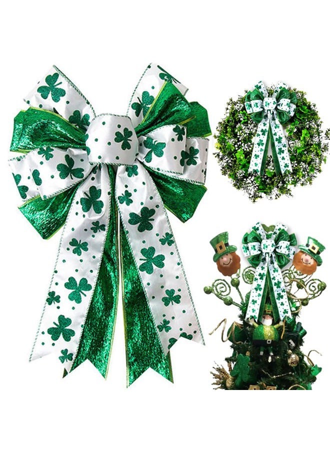 Hongsome St Patricks Day Bow for Wreath Decorations,11.4 * 19.6in Large White Green Glitter Shamrock Bowknot Irish Holiday Crafts Bows for Tree Topper Front Door Outdoor Outside - Image 1